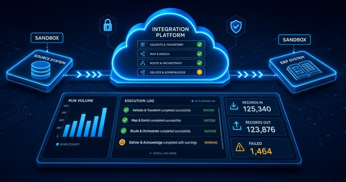 An integration platform connected to sandbox systems, with dashboards and execution logs showing what moved during a test run