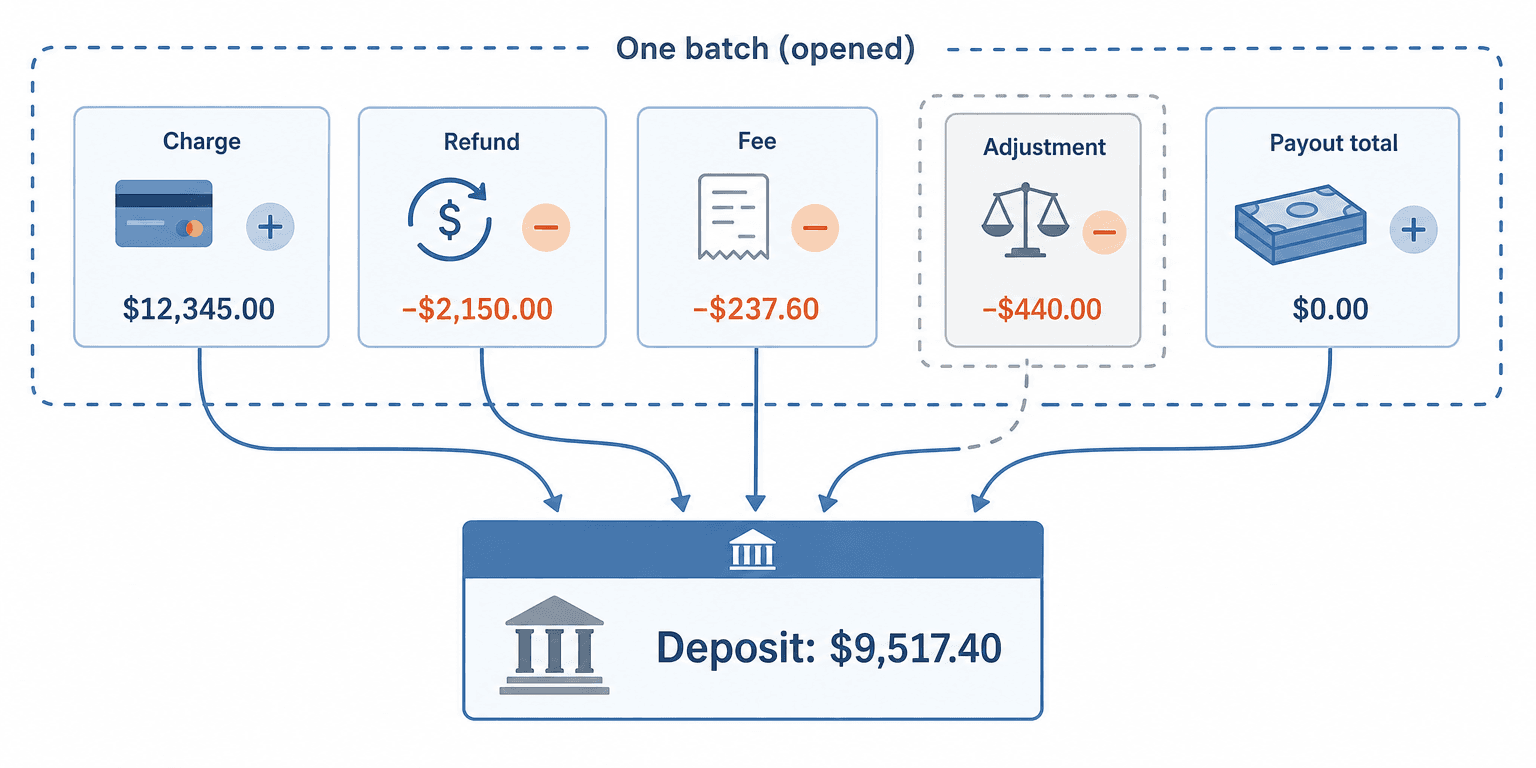 One Shopify payout unpacked into its parts: charges and refunds drawing down the clearing account, fees posting to bank charges, adjustments held separately, and the net total landing in the bank as one deposit