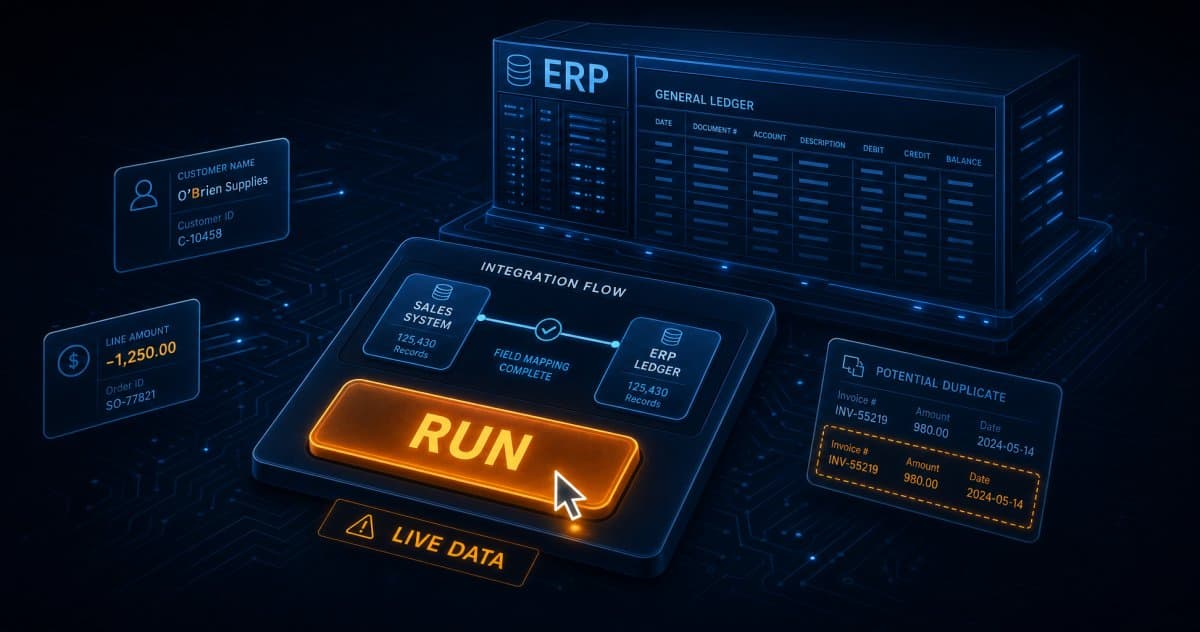 An integration flow being tested against sandbox systems while the production systems beside it stay untouched