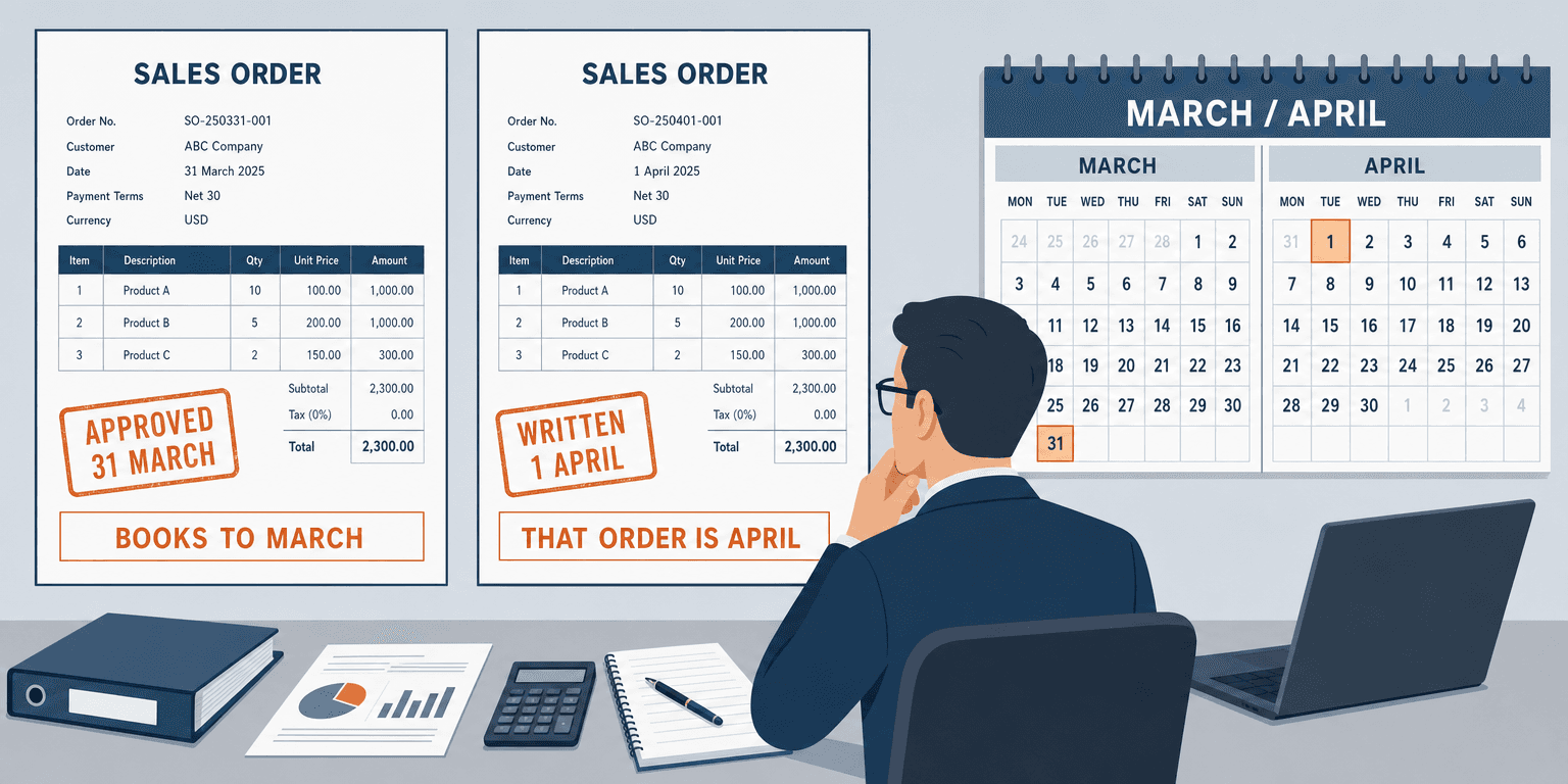 Period cutoff on a sales order created from an approved quote: an order approved at 6:10 pm on 31 March books to March when dated from the approval timestamp, and to April when the transaction date is left to default to creation time after an overnight retry.