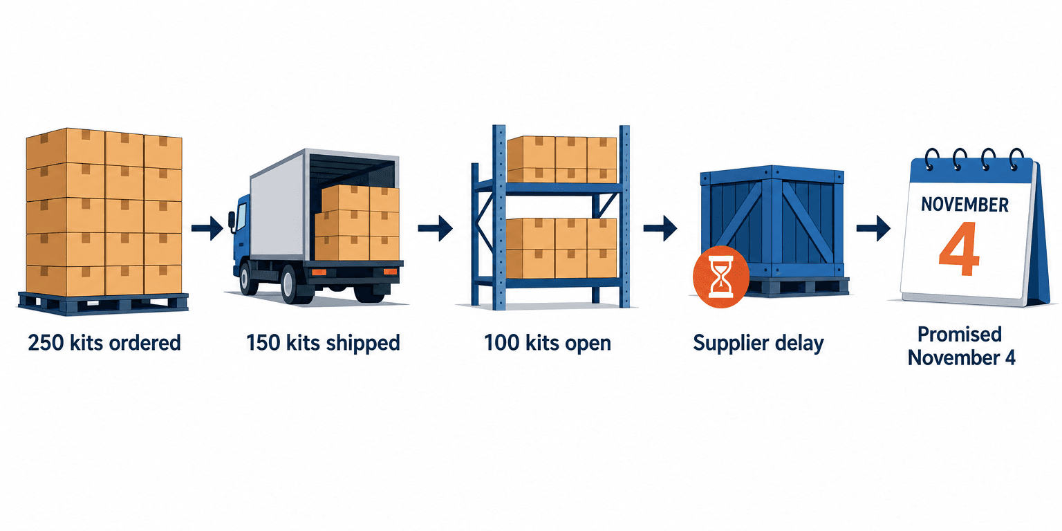 One backorder in five steps: 250 kits ordered, 150 kits shipped, 100 kits open, Supplier delay, then Promised November 4