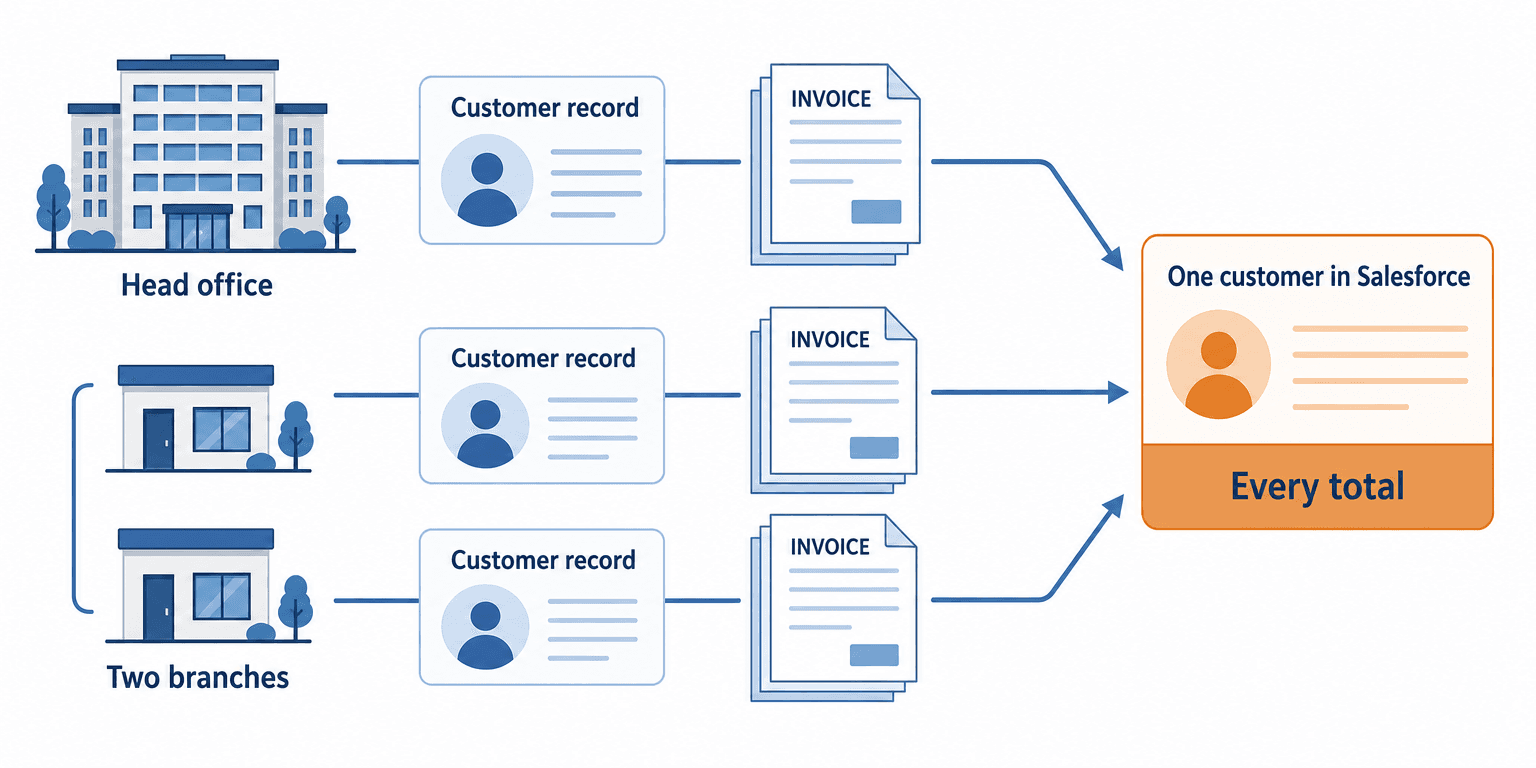 One Salesforce account rolled up from three Business Central customer records, a head office and two branches billed separately, so every total counts all three