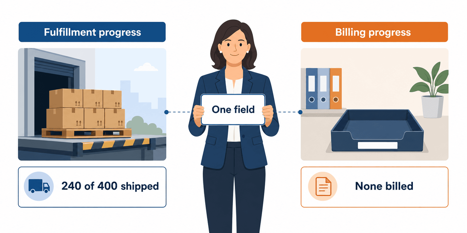 One NetSuite sales order status carries two separate answers: fulfillment progress, how much has shipped, and billing progress, how much has been invoiced.